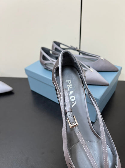 PRADA CUT-OUT BALLERINA FLAT IN WARM GRAY SATIN ATTACHED BEAD BUCKLE