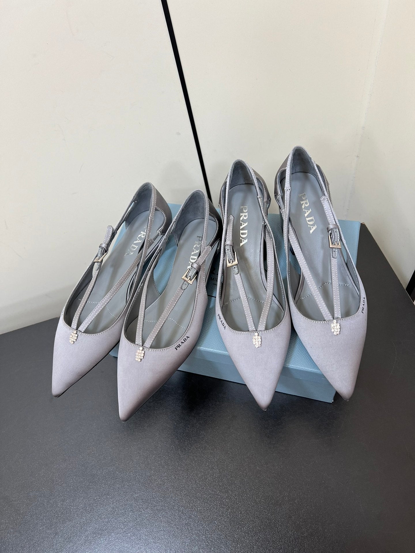 PRADA CUT-OUT BALLERINA FLAT IN WARM GRAY SATIN ATTACHED BEAD BUCKLE