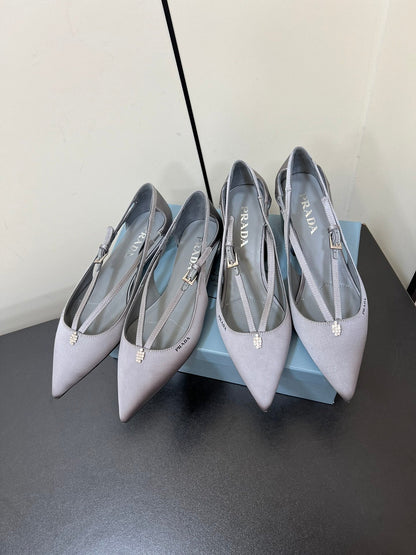 PRADA CUT-OUT BALLERINA FLAT IN WARM GRAY SATIN ATTACHED BEAD BUCKLE