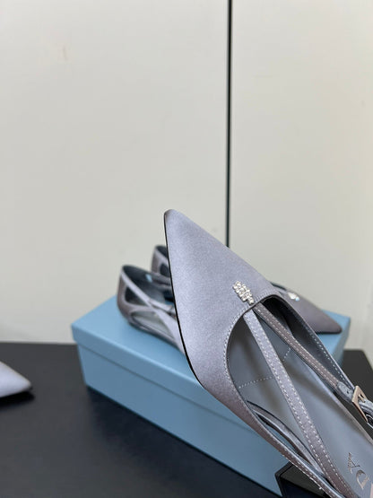 PRADA CUT-OUT BALLERINA FLAT IN WARM GRAY SATIN ATTACHED BEAD BUCKLE