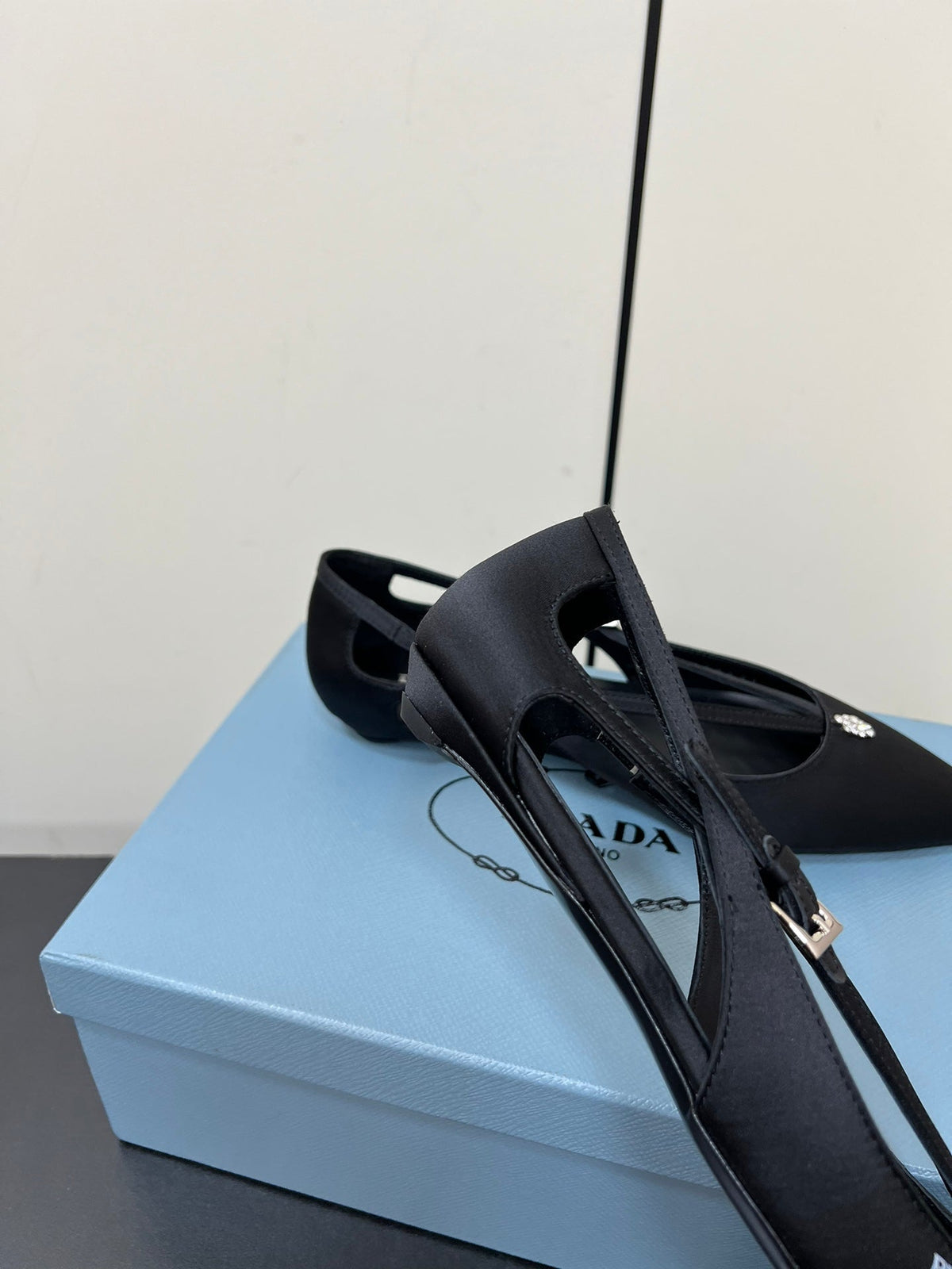 PRADA CUT-OUT BALLERINA FLAT IN BLACK SATIN ATTACHED BEAD BUCKLE
