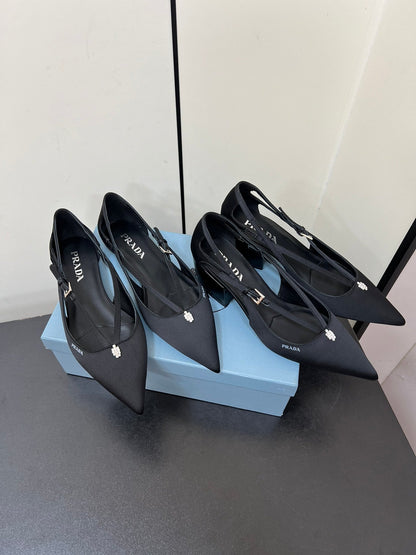 PRADA CUT-OUT BALLERINA FLAT IN BLACK SATIN ATTACHED BEAD BUCKLE