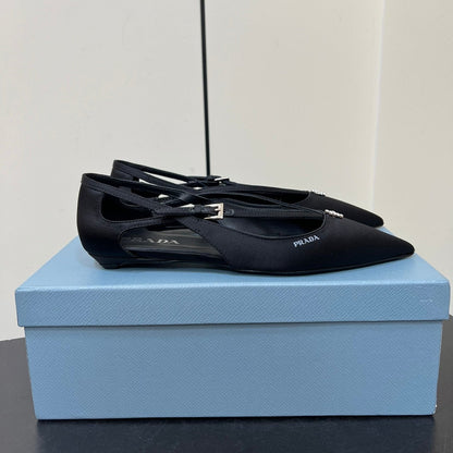 PRADA CUT-OUT BALLERINA FLAT IN BLACK SATIN ATTACHED BEAD BUCKLE