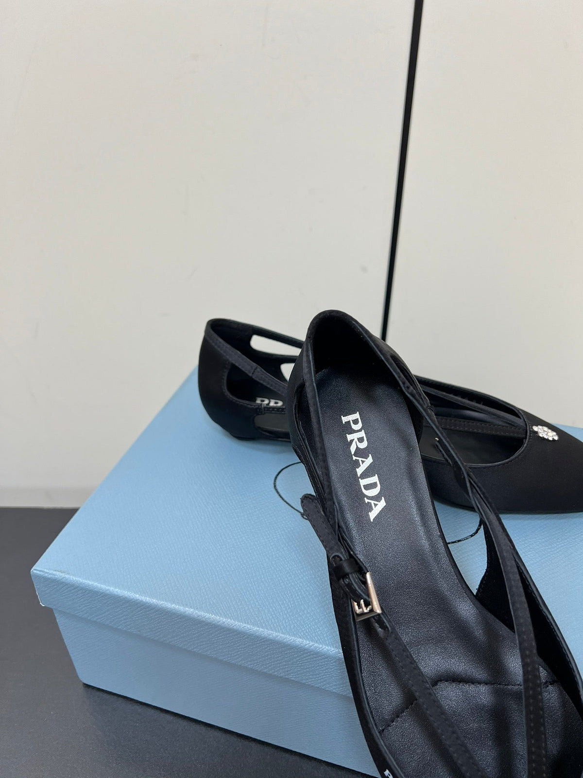 PRADA CUT-OUT BALLERINA FLAT IN BLACK SATIN ATTACHED BEAD BUCKLE