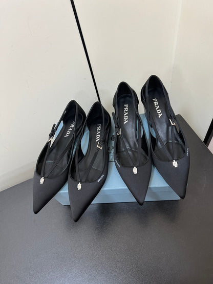 PRADA CUT-OUT BALLERINA FLAT IN BLACK SATIN ATTACHED BEAD BUCKLE