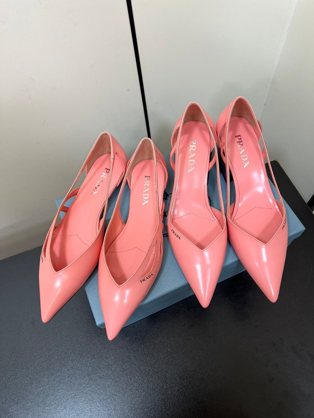 PRADA BRUSHED CUT-OUT BALLERINA FLAT IN SALMON PINK CALFSKIN