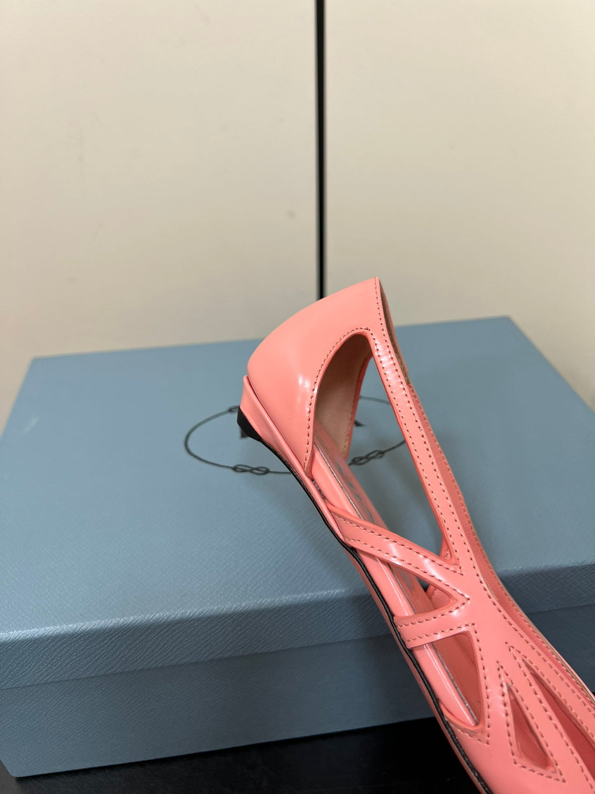 PRADA BRUSHED CUT-OUT BALLERINA FLAT IN SALMON PINK CALFSKIN