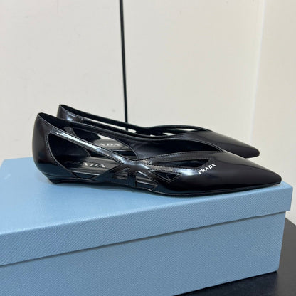 PRADA BRUSHED CUT-OUT BALLERINA FLAT IN BLACK CALFSKIN