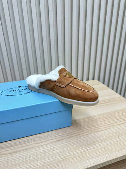 PRADA TRIANGLE LOGO FLATS IN CAMEL SUEDE AND FUR LINING