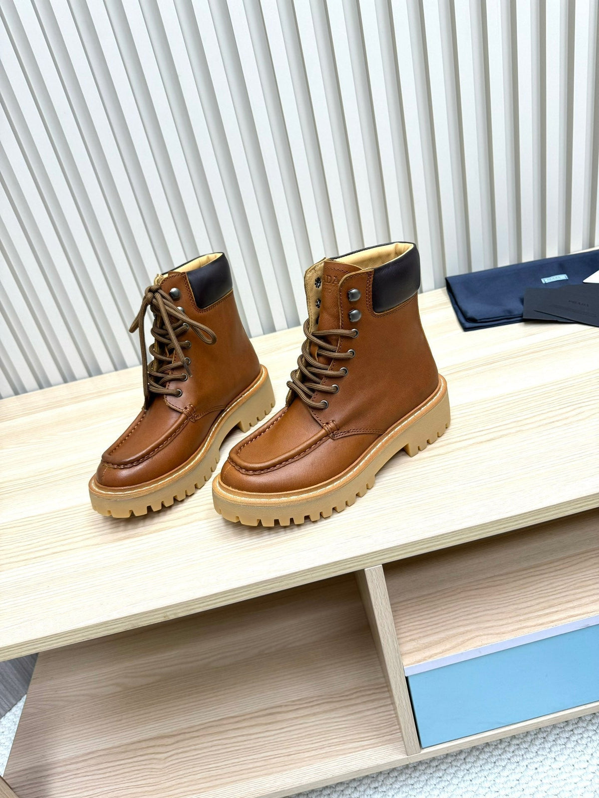 PRADA 25S LACE-UP ANKLE BOOTS IN BROWN CALFSKIN