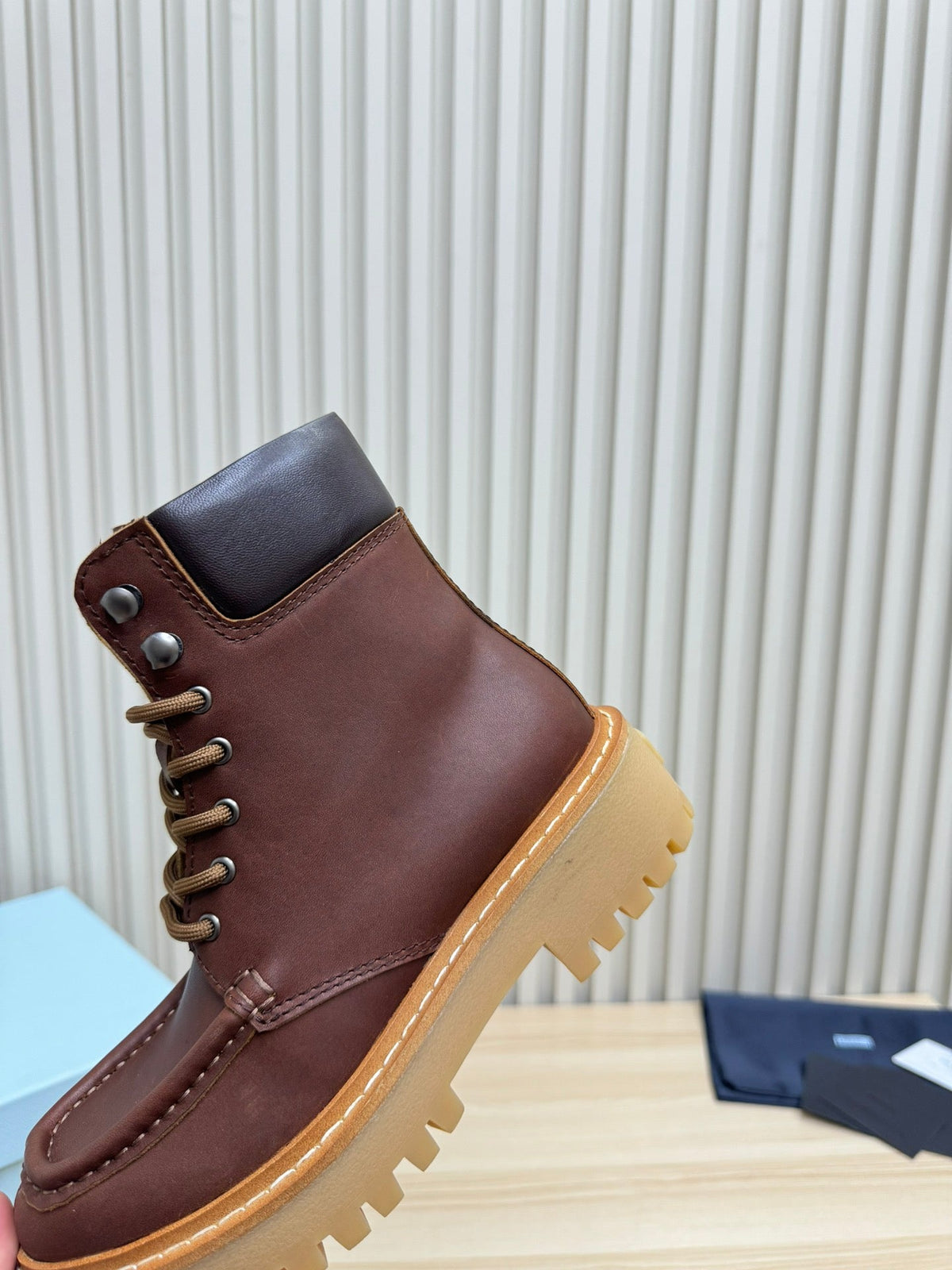 PRADA 25S LACE-UP ANKLE BOOTS IN RK BROWN CALFSKIN