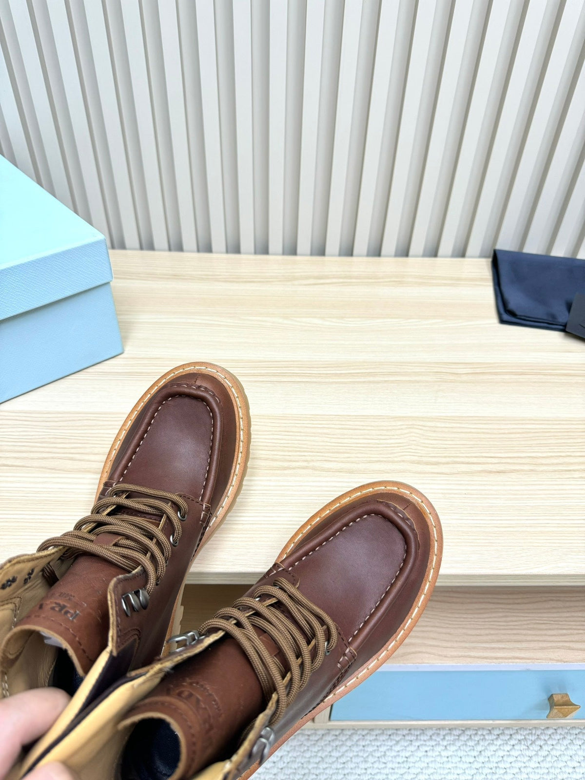 PRADA 25S LACE-UP ANKLE BOOTS IN RK BROWN CALFSKIN