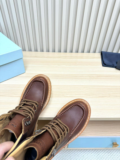 PRADA 25S LACE-UP ANKLE BOOTS IN RK BROWN CALFSKIN