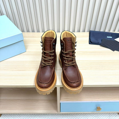 PRADA 25S LACE-UP ANKLE BOOTS IN RK BROWN CALFSKIN