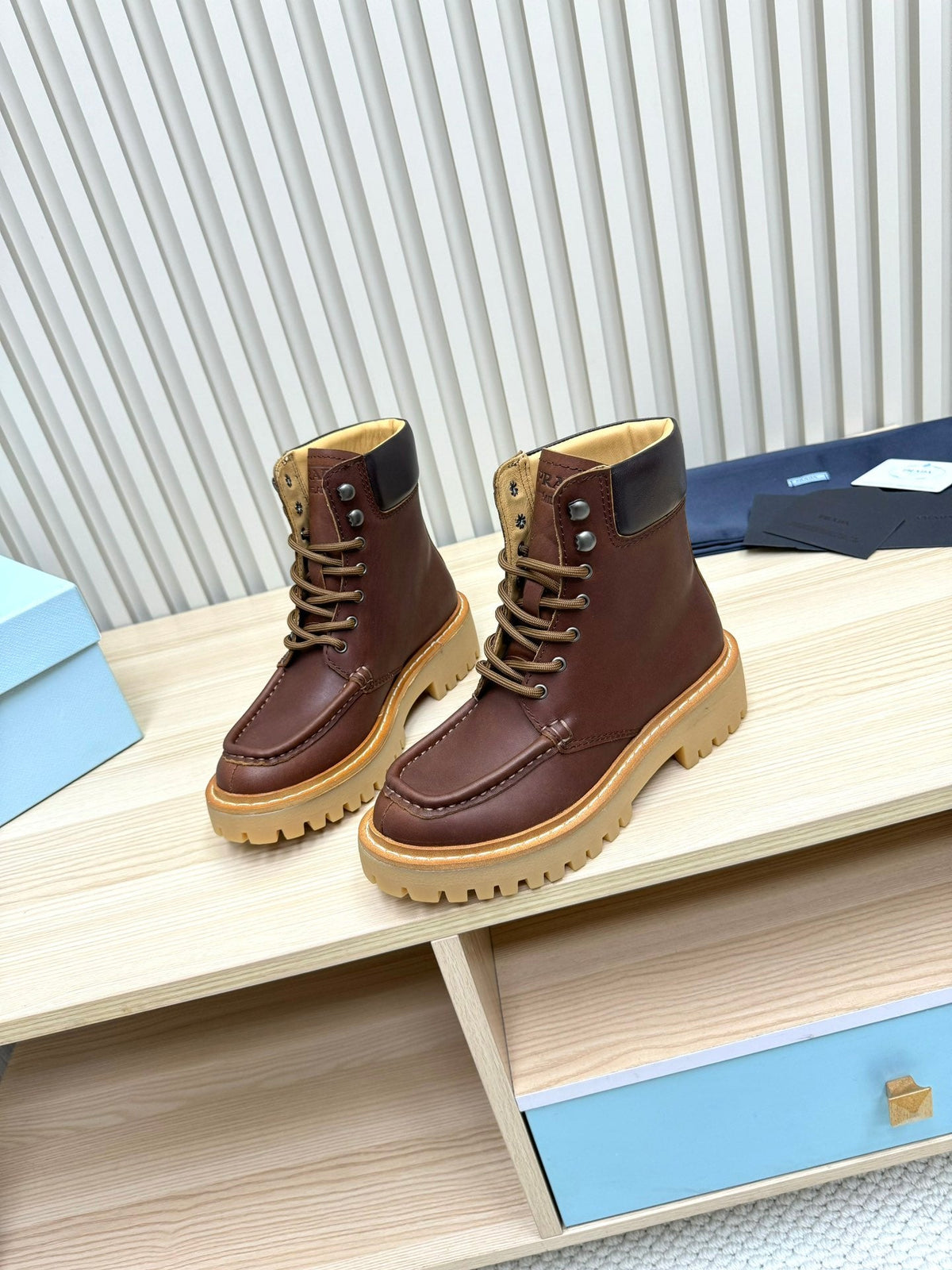 PRADA 25S LACE-UP ANKLE BOOTS IN RK BROWN CALFSKIN