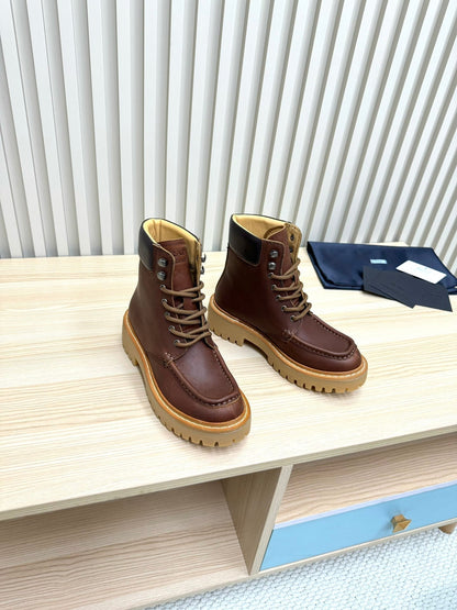PRADA 25S LACE-UP ANKLE BOOTS IN RK BROWN CALFSKIN