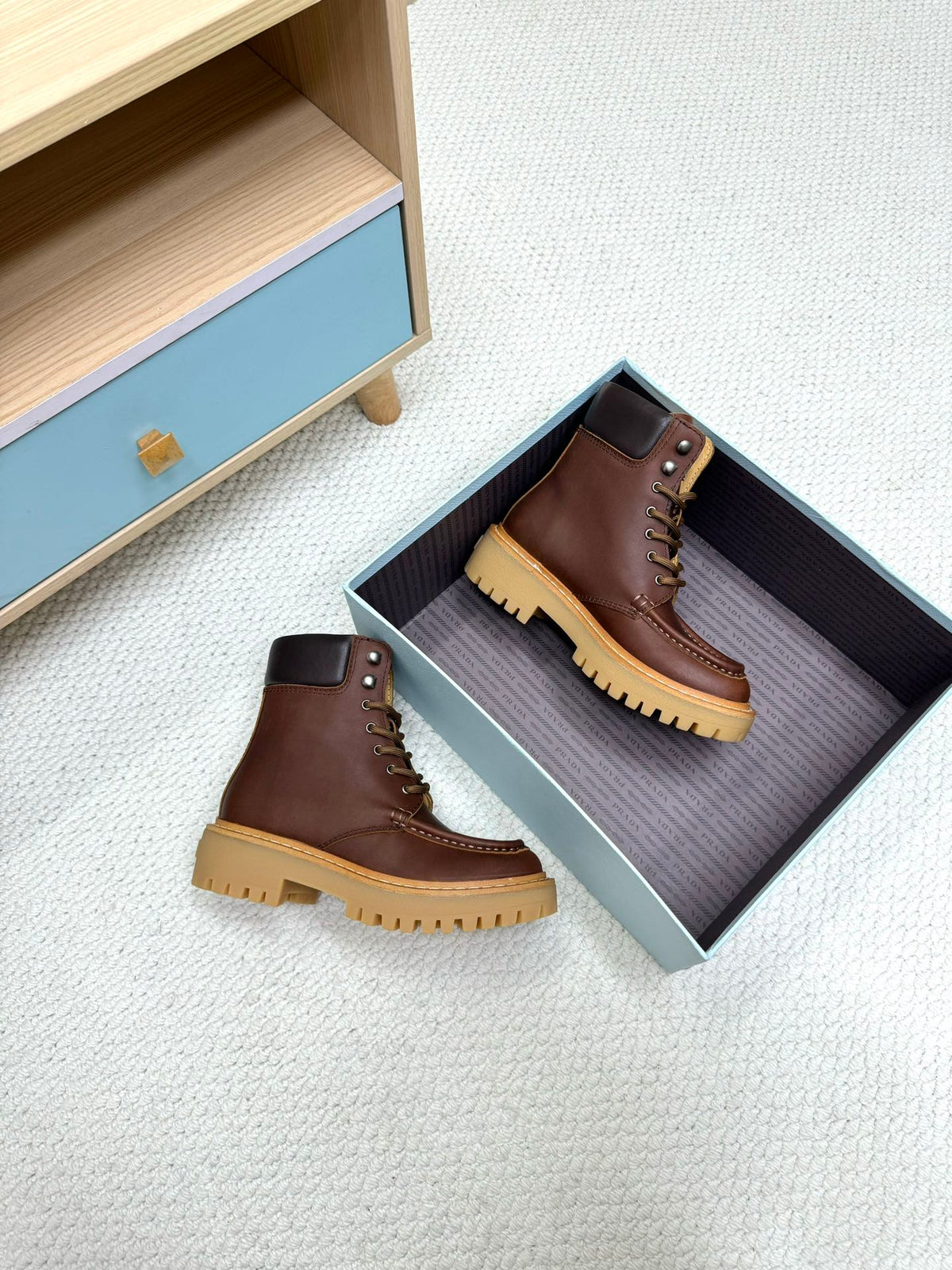 PRADA 25S LACE-UP ANKLE BOOTS IN RK BROWN CALFSKIN