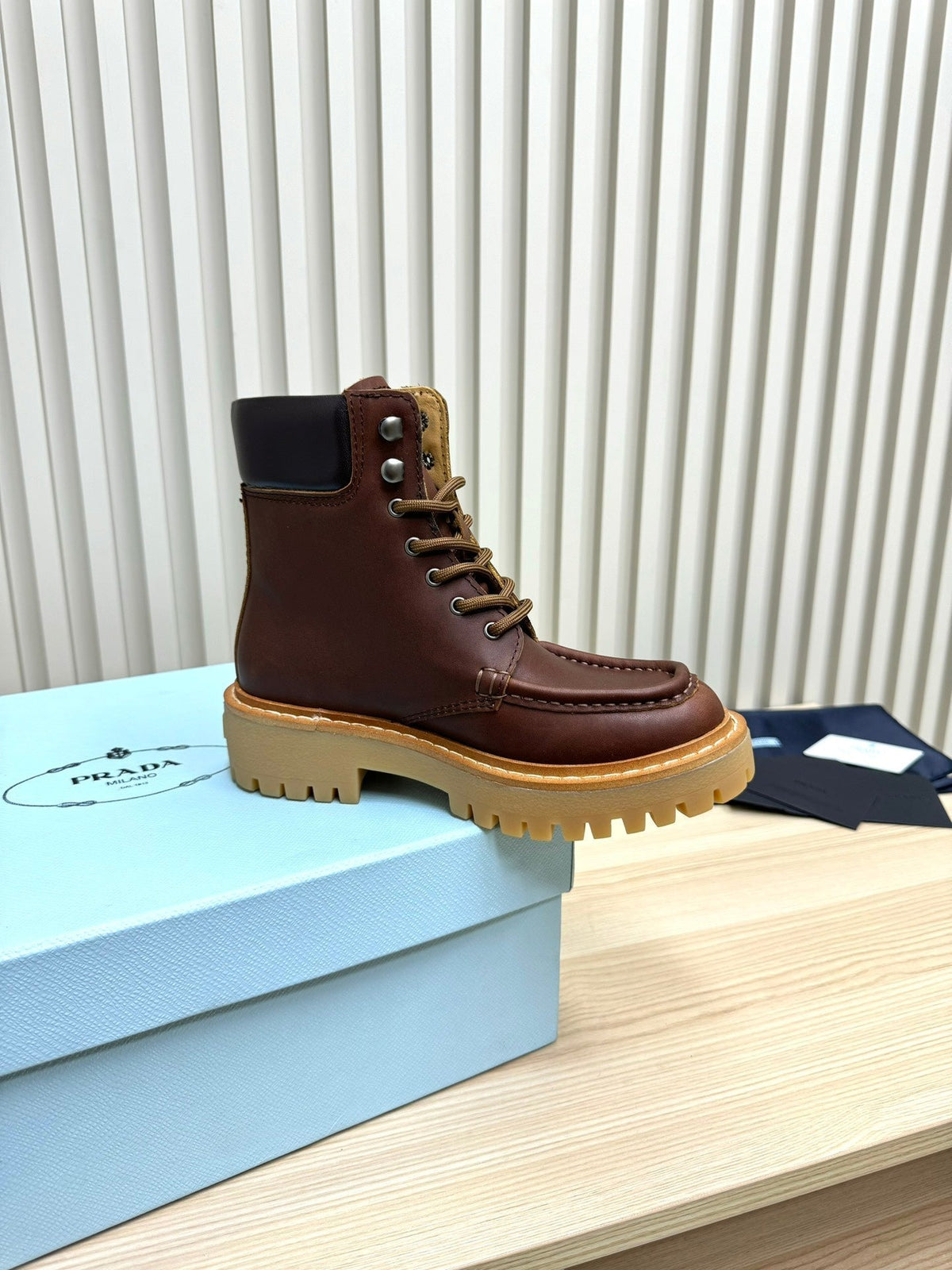 PRADA 25S LACE-UP ANKLE BOOTS IN RK BROWN CALFSKIN