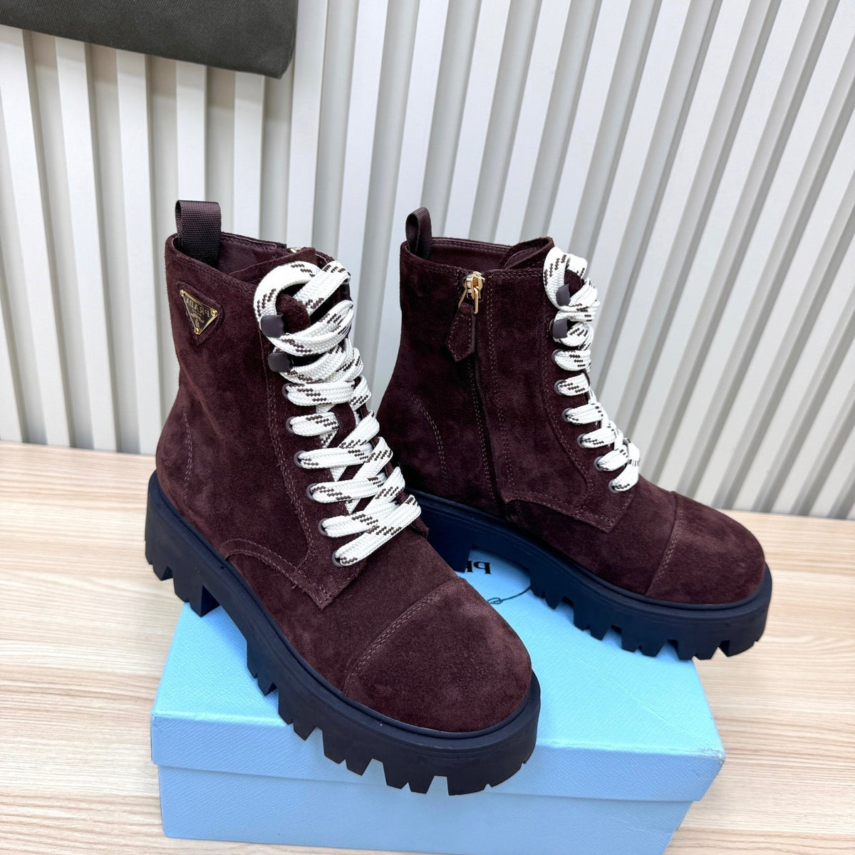 PRADA 25S MONOLITH BOOTS IN RK PLUM BROWN SUEDE