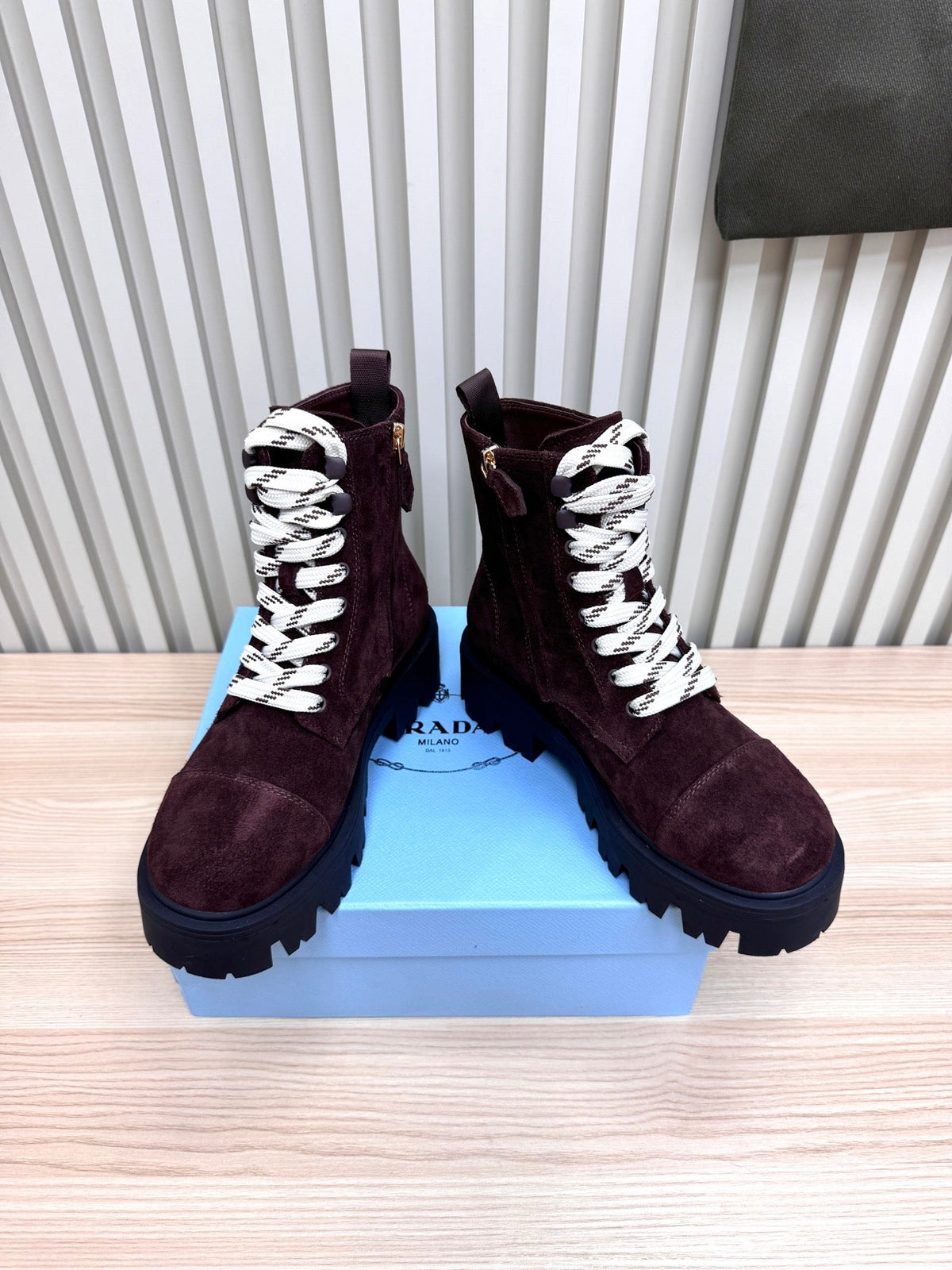PRADA 25S MONOLITH BOOTS IN RK PLUM BROWN SUEDE