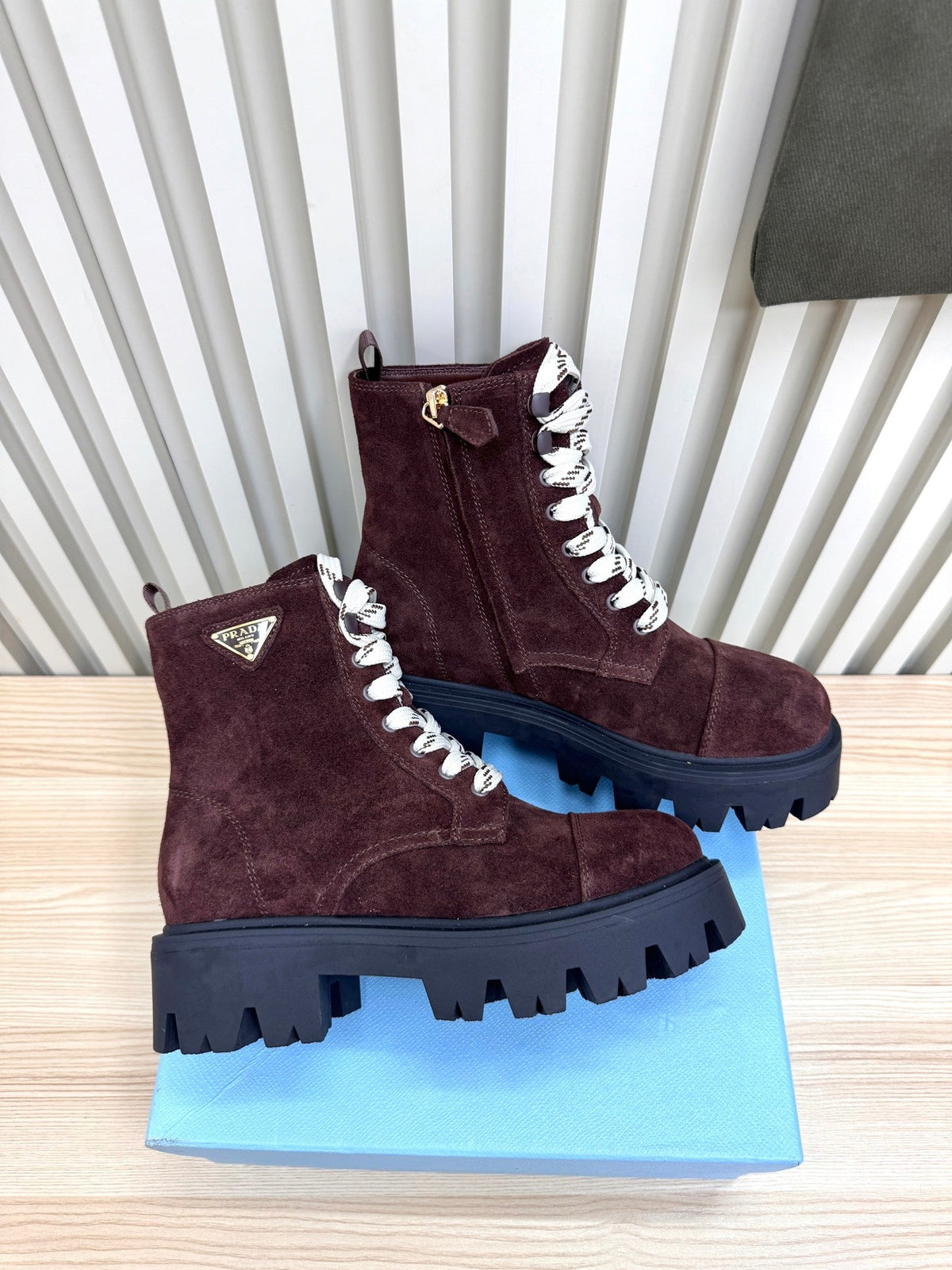 PRADA 25S MONOLITH BOOTS IN RK PLUM BROWN SUEDE