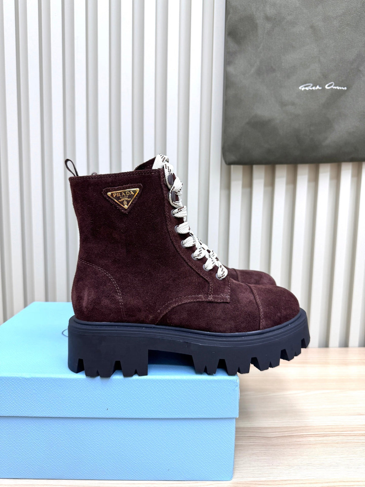 PRADA 25S MONOLITH BOOTS IN RK PLUM BROWN SUEDE