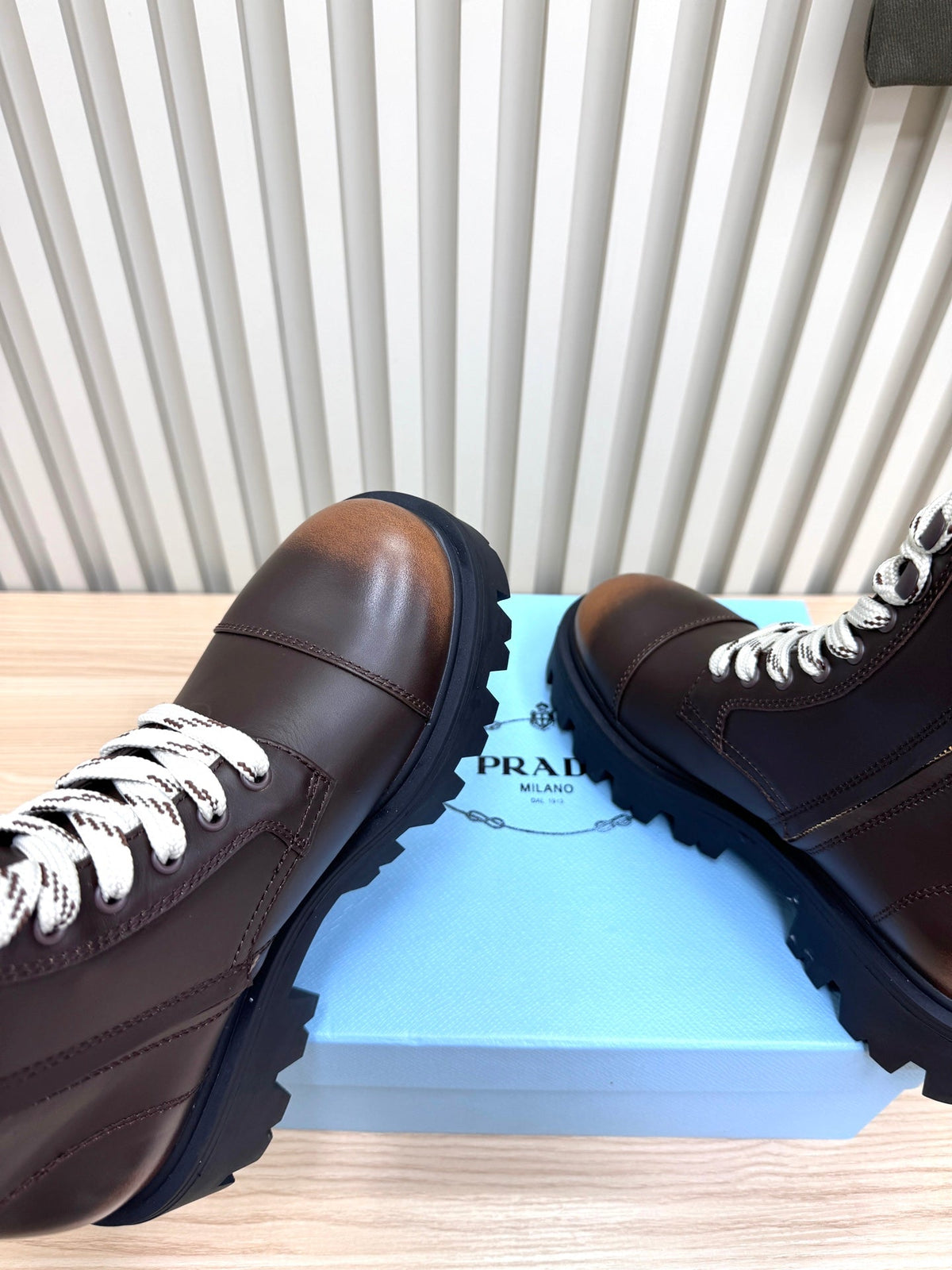 PRADA 25S MONOLITH BOOTS IN RK BROWN CALFSKIN