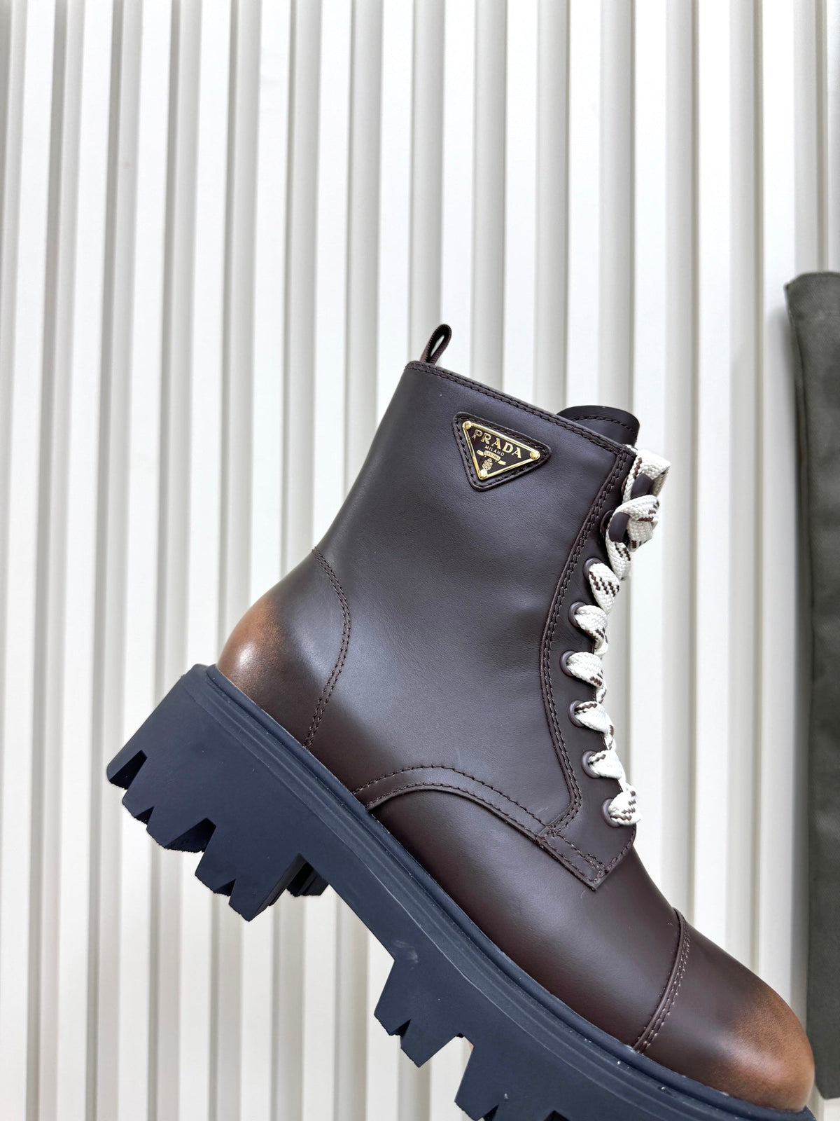 PRADA 25S MONOLITH BOOTS IN RK BROWN CALFSKIN