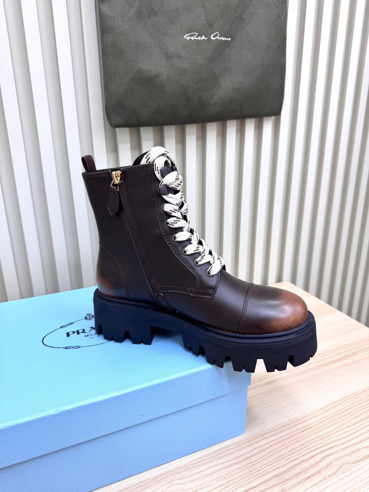 PRADA 25S MONOLITH BOOTS IN RK BROWN CALFSKIN