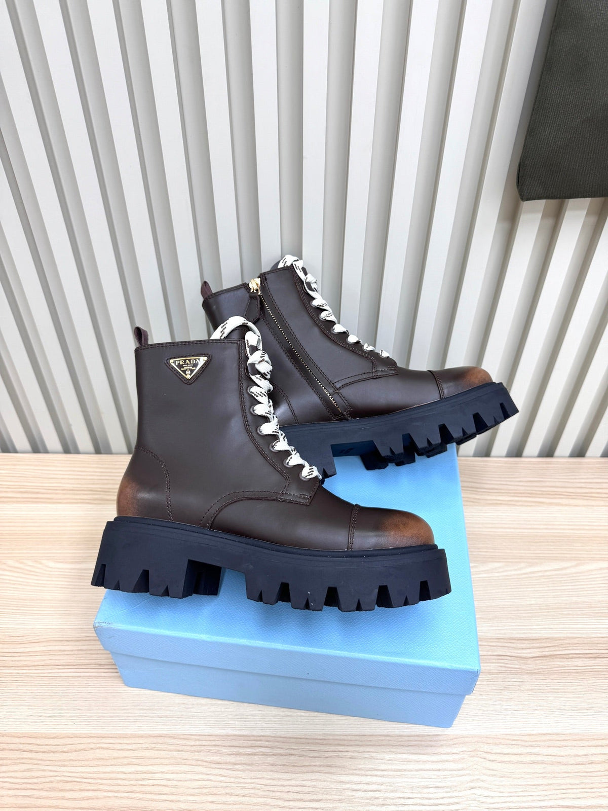 PRADA 25S MONOLITH BOOTS IN RK BROWN CALFSKIN