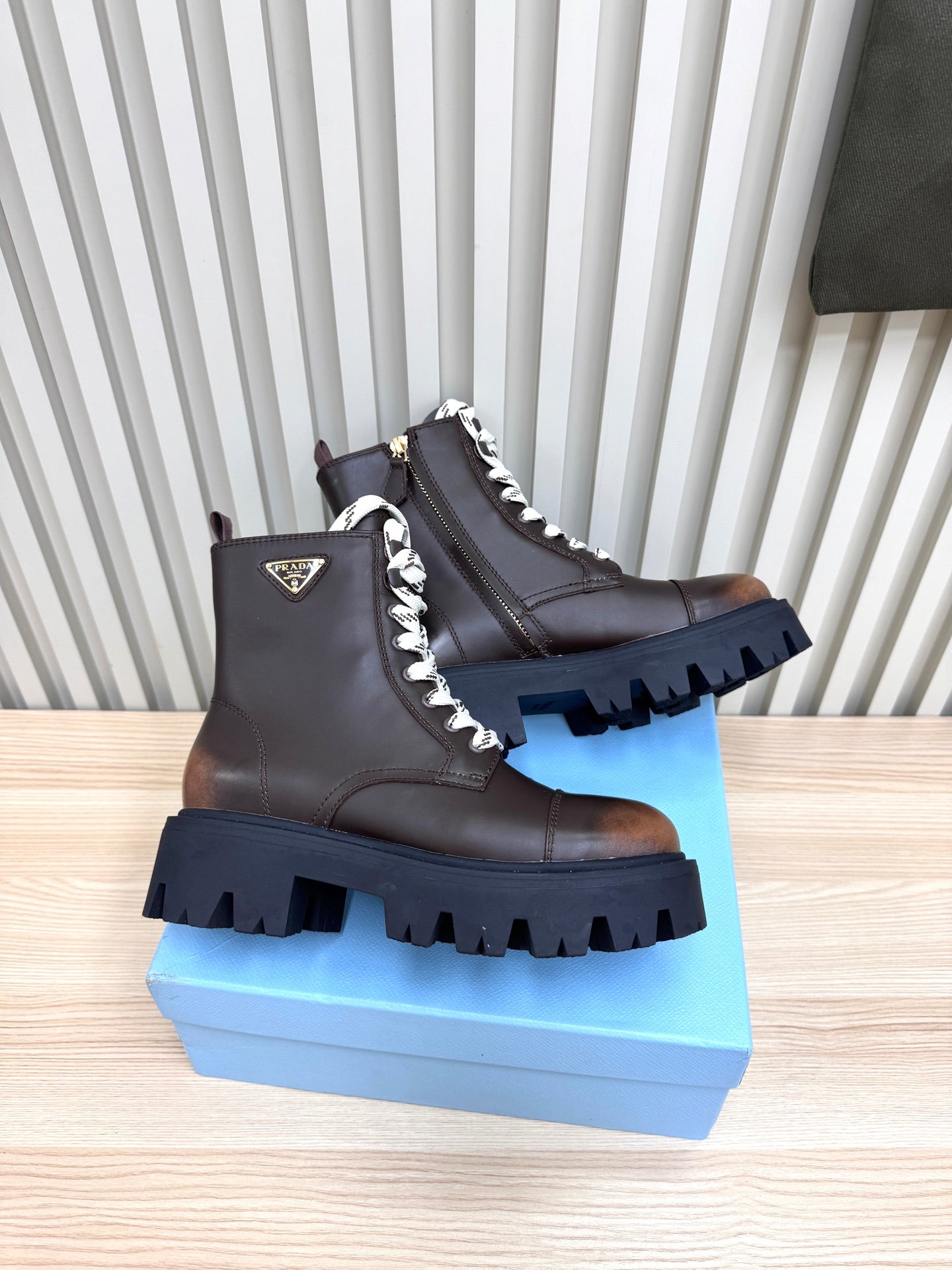 PRADA 25S MONOLITH BOOTS IN RK BROWN CALFSKIN