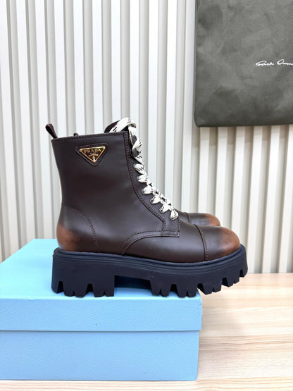 PRADA 25S MONOLITH BOOTS IN RK BROWN CALFSKIN
