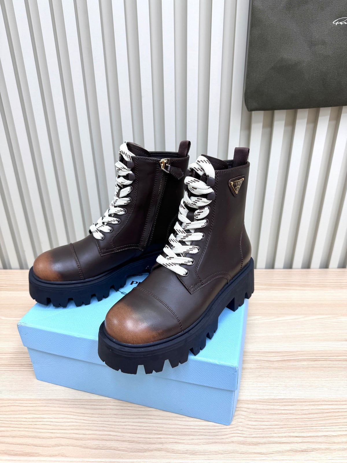 PRADA 25S MONOLITH BOOTS IN RK BROWN CALFSKIN