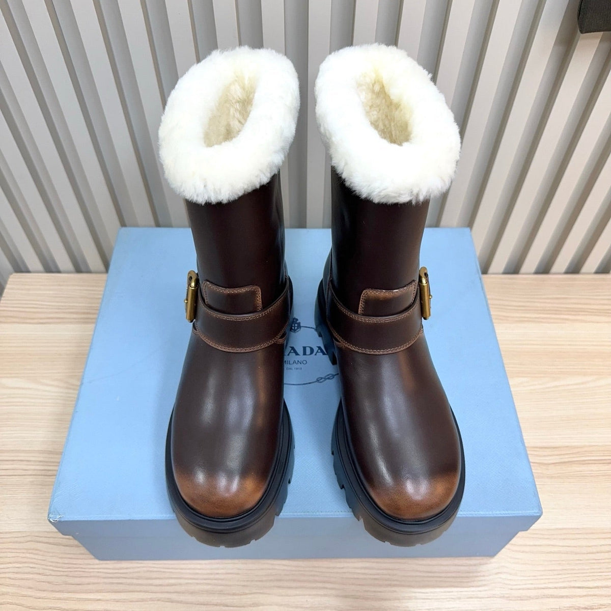 PRADA 25S MARTIN BOOTS IN RK BROWN CALFSKIN FUR-LINED