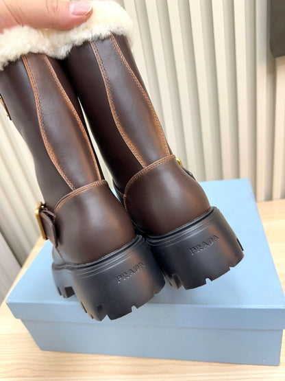 PRADA 25S MARTIN BOOTS IN RK BROWN CALFSKIN FUR-LINED