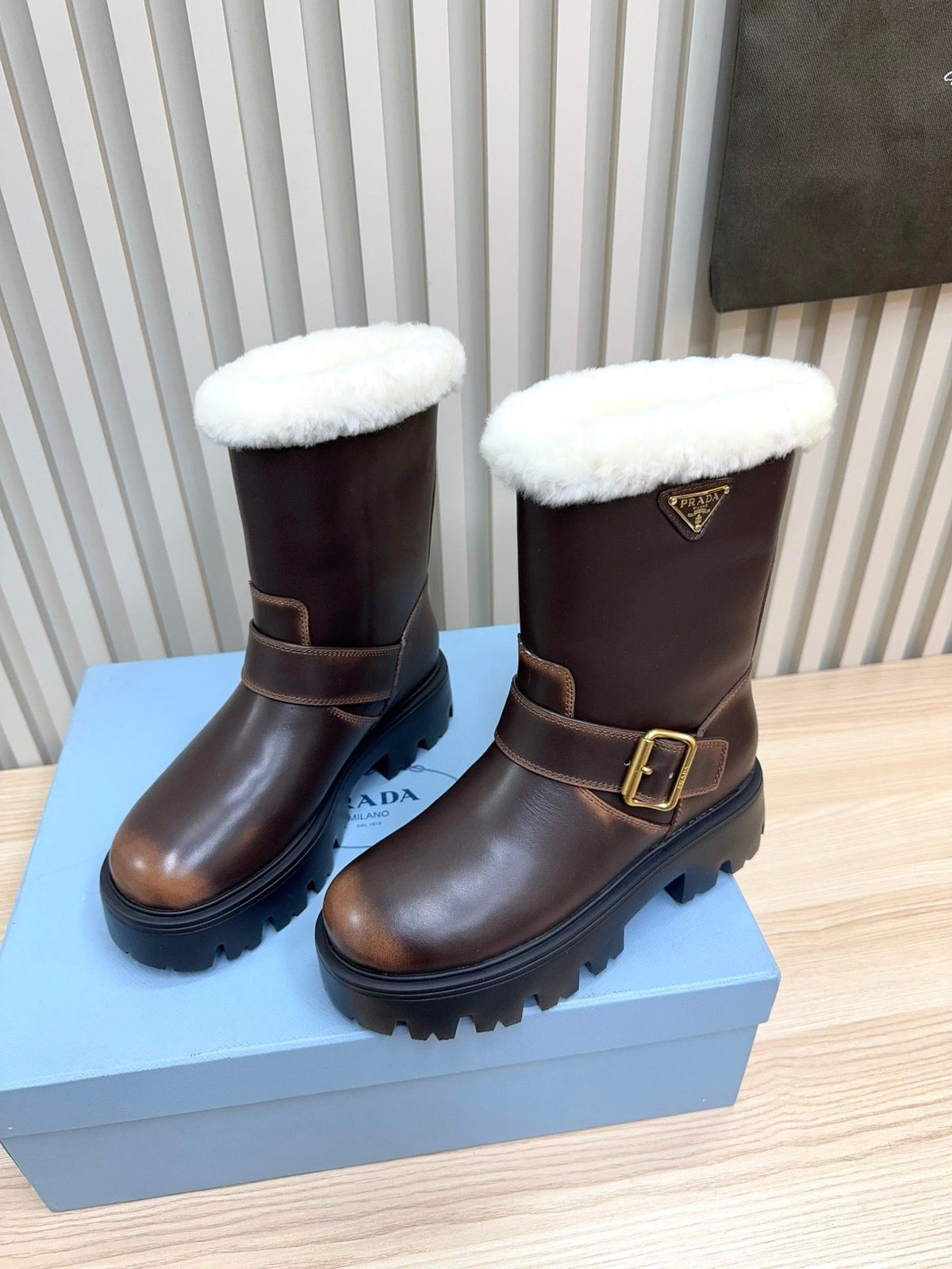 PRADA 25S MARTIN BOOTS IN RK BROWN CALFSKIN FUR-LINED