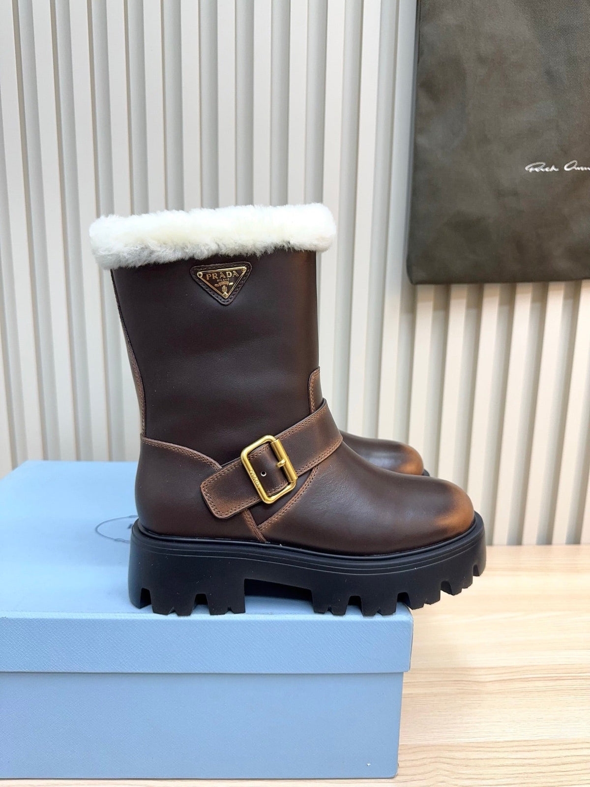 PRADA 25S MARTIN BOOTS IN RK BROWN CALFSKIN FUR-LINED