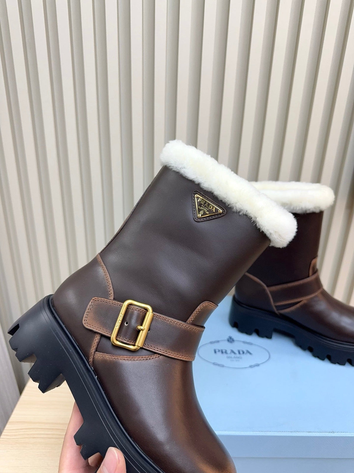 PRADA 25S MARTIN BOOTS IN RK BROWN CALFSKIN FUR-LINED