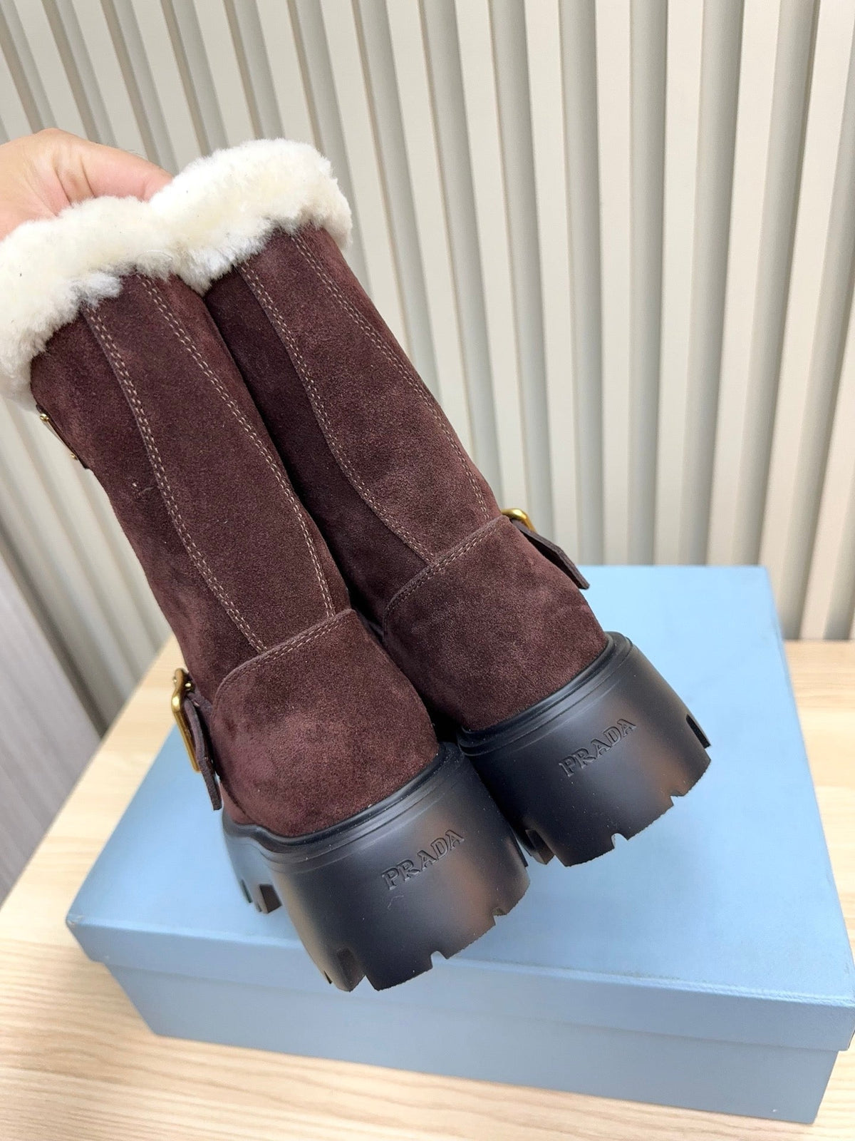PRADA 25S MARTIN BOOTS IN RK BURGUNDY BROWN SUEDE FUR-LINED
