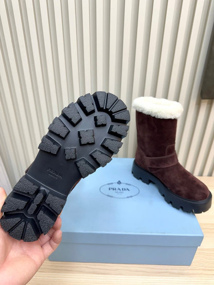 PRADA 25S MARTIN BOOTS IN RK BURGUNDY BROWN SUEDE FUR-LINED