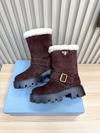 PRADA 25S MARTIN BOOTS IN RK BURGUNDY BROWN SUEDE FUR-LINED