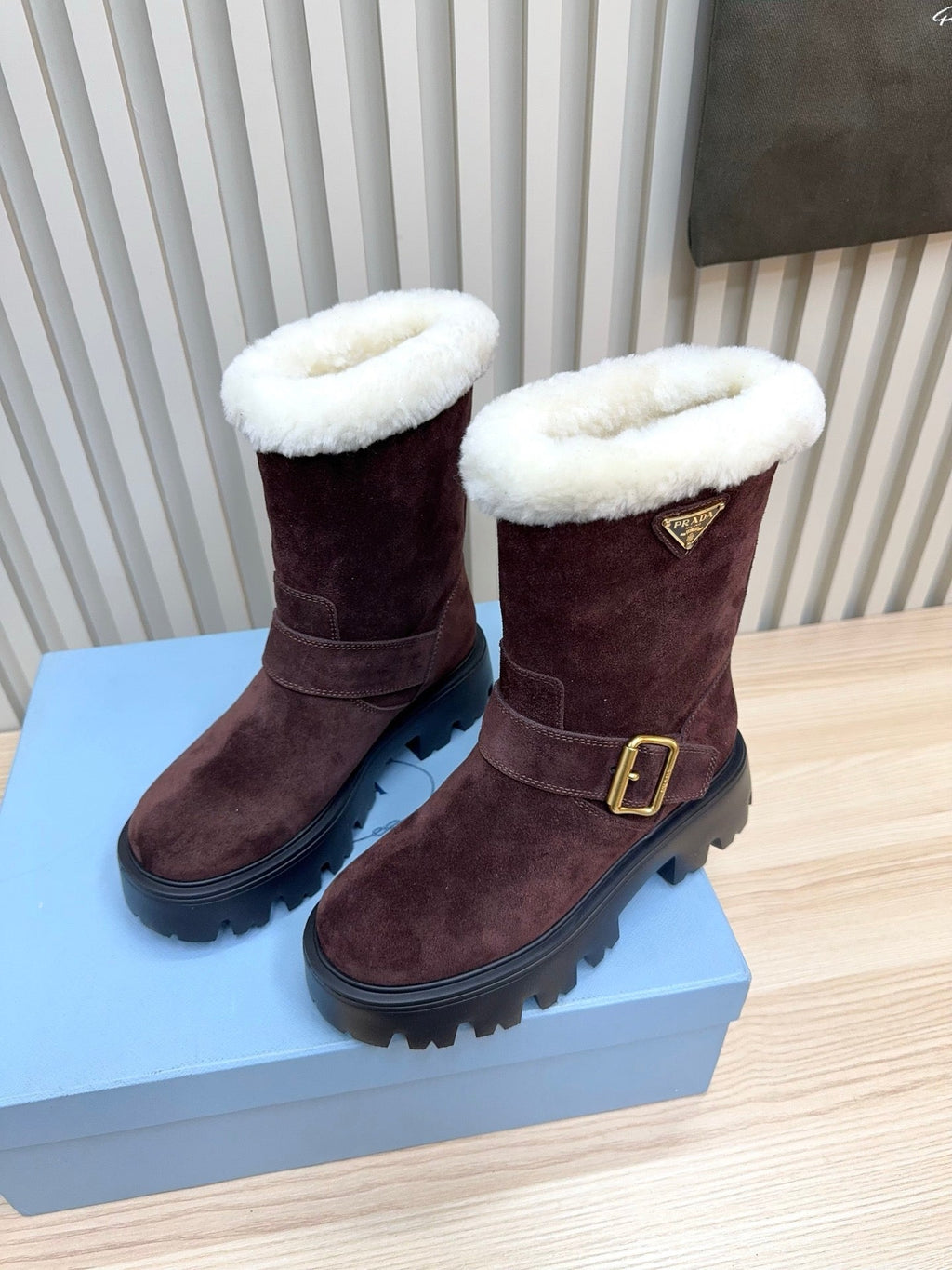 PRADA 25S MARTIN BOOTS IN RK BURGUNDY BROWN SUEDE FUR-LINED