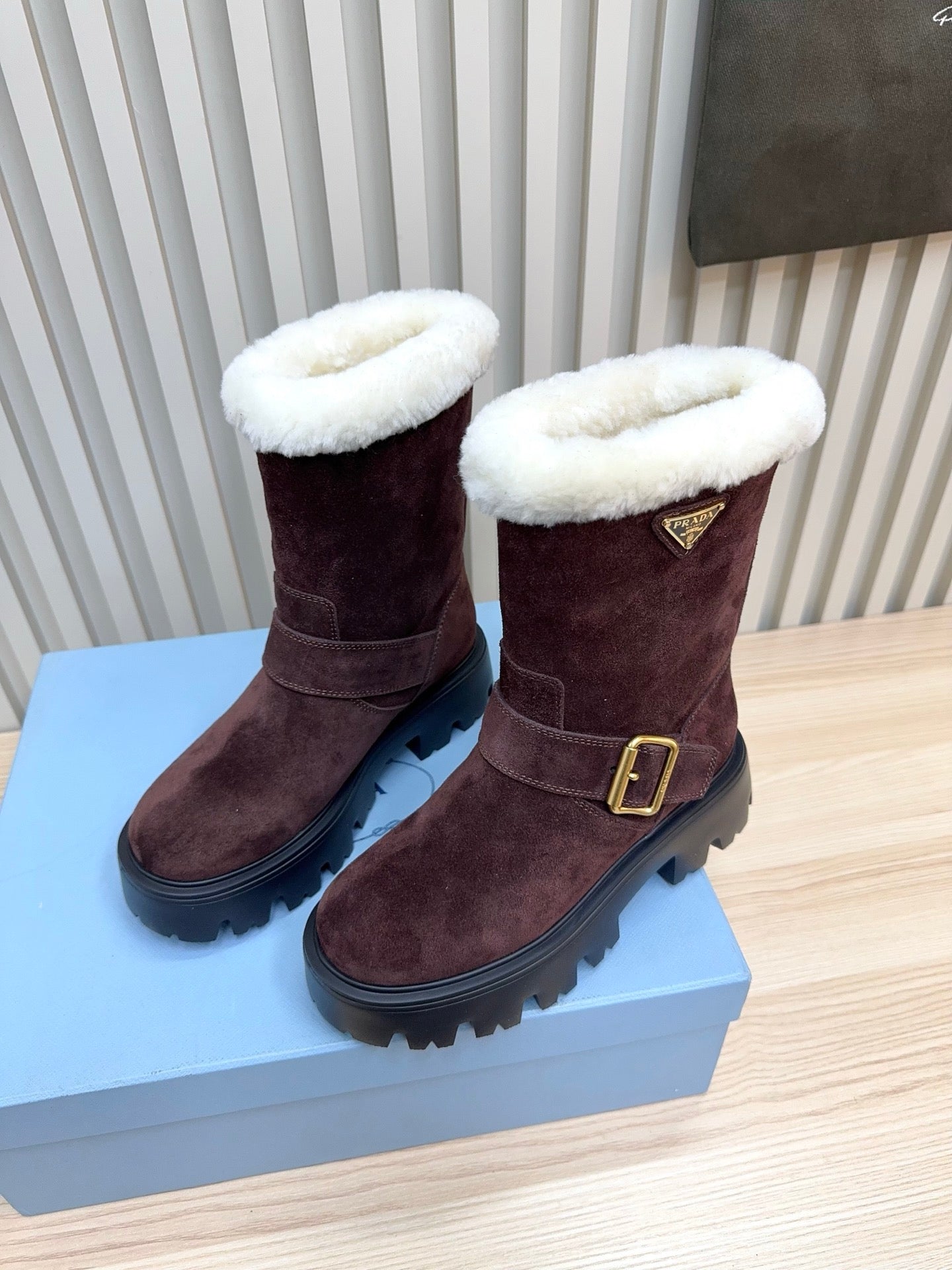 PRADA 25S MARTIN BOOTS IN RK BURGUNDY BROWN SUEDE FUR-LINED