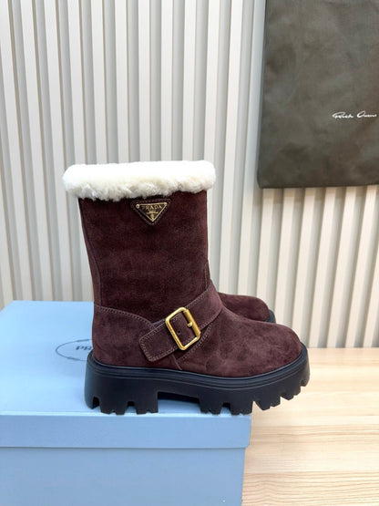PRADA 25S MARTIN BOOTS IN RK BURGUNDY BROWN SUEDE FUR-LINED