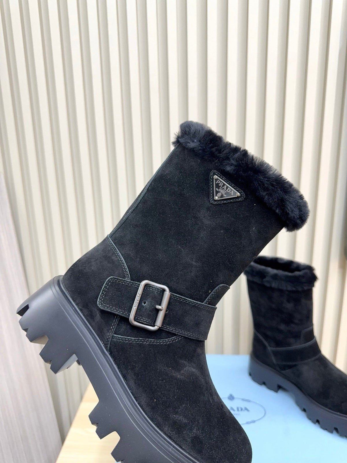 PRADA 25S MARTIN BOOTS IN RK NAVY BLUE SUEDE FUR-LINED