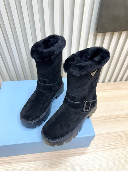 PRADA 25S MARTIN BOOTS IN RK NAVY BLUE SUEDE FUR-LINED