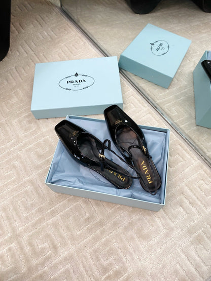 PRADA MARY JANE SLINGBACK SQUARE TOE IN BLACK PATENT SHEEPSKIN