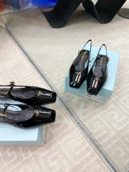 PRADA MARY JANE SLINGBACK SQUARE TOE IN BLACK PATENT SHEEPSKIN