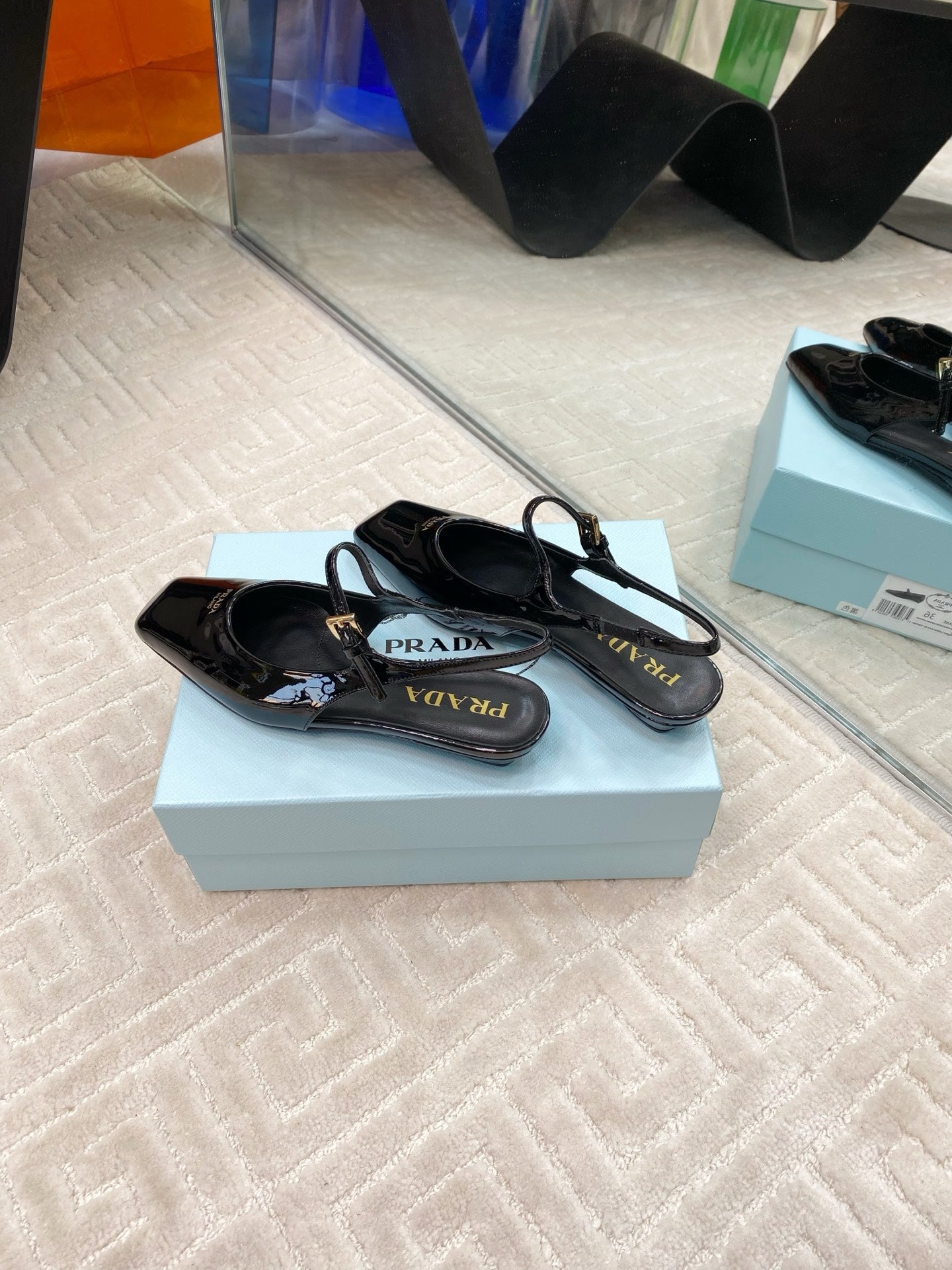 PRADA MARY JANE SLINGBACK SQUARE TOE IN BLACK PATENT SHEEPSKIN