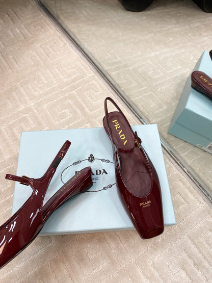PRADA MARY JANE SLINGBACK SQUARE TOE IN BURGUNDY RED PATENT SHEEPSKIN